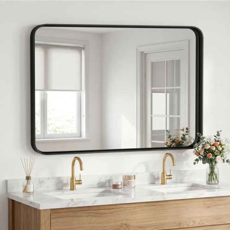CONCETTA Shatterproof Bathroom Wall Mirror –24" x 36" Vanity Mirror with Rectangular Metal Frame, Anti-Fog, Black, Gift for Mother's Day