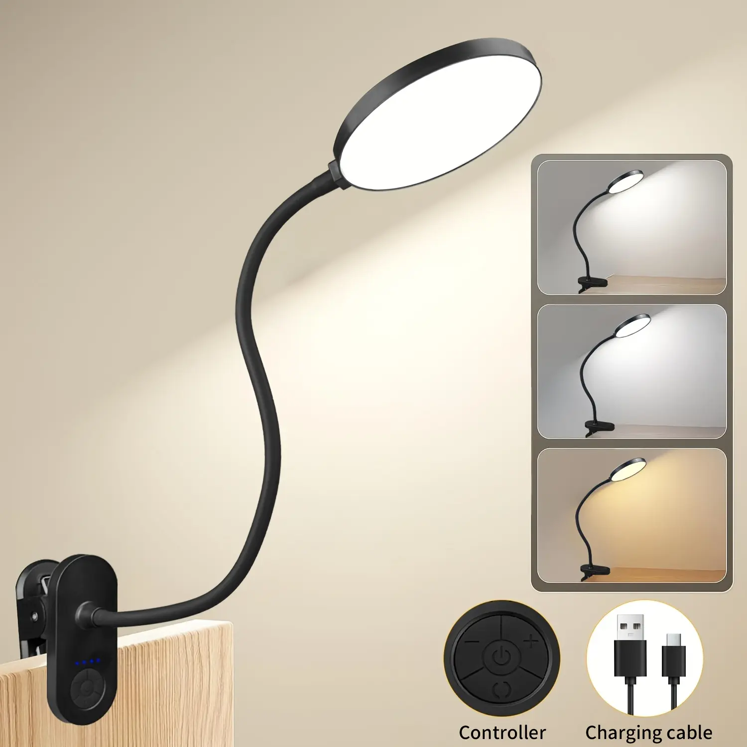 Clip-on dimmable reading light, USB charging, suitable for dormitory desks and beds, portable office and home use, 10 dimming levels & 3 colors, LED desk lamp, Adjustable Lights