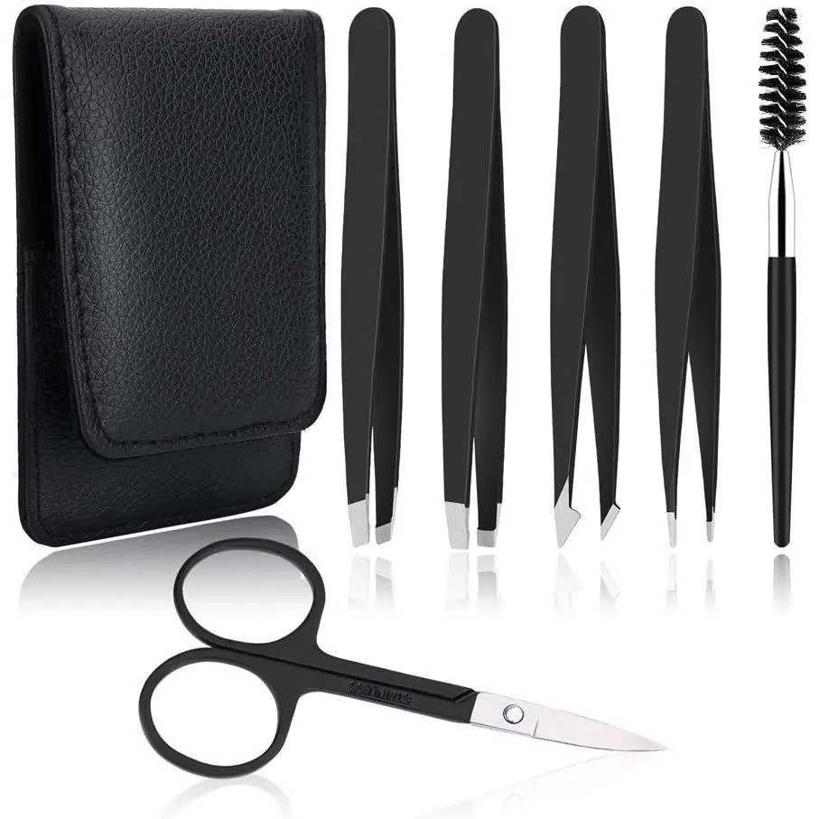 Cruelty-Free Stainless Steel Eyebrow Precision Tweezer 6-Pack - High-Performing Professional Makeup Tools, Facial Hair Remover, Long-Lasting, Insta-Worthy Finishes, Travel Case Included, Black (for Creators)