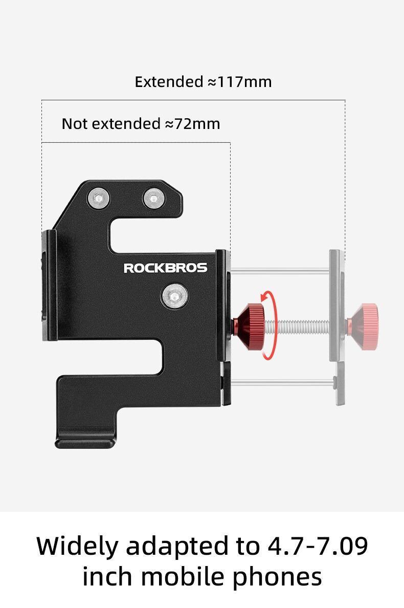 ROCKBROS S Shaped Bicycle Phone Holder Aluminum Alloy Adjustable Bike Mobile Phone Stand Bracket Mechanical Locking Cycling Mount for Cell Phone 4.7-7 inch