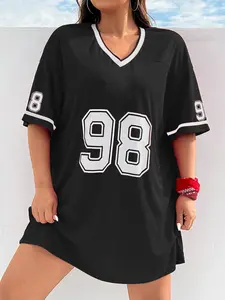 6 Color American Vintage 98 Print V-Neck Jersey Dress, Plus Size Loose Medium-Length, Casual Sporty Aesthetic Style, Flattering Fit