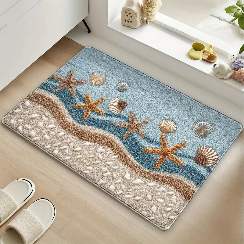 Rectangle Polyester Fiber Door Entrance Rug - Anti-Slip, Non-Slip Grip Pad Bath Mat, Soft-Textured Starfish and Shells Pattern, for Coastal Beach Home Decor and Bathroom Use, Ideal Gift Item, Entrance Doormat