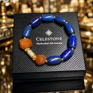 Celestone Lapis Lazuli & Carnelian Bracelet with Pave Zirconia Handcrafted with Meaning