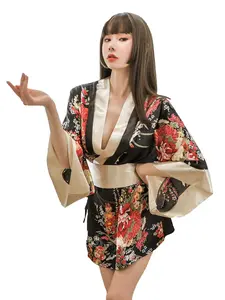 Sexy Oriental Japanese Style Sleepwear - Black Kimono Top with Wide Sleeves & Floral Pattern. Satin Trim on V-Neck & Cuffs. Short Pants Set for Cozy Night. Asian Style Lingerie for Stunning Look. Elegant Kimono Design