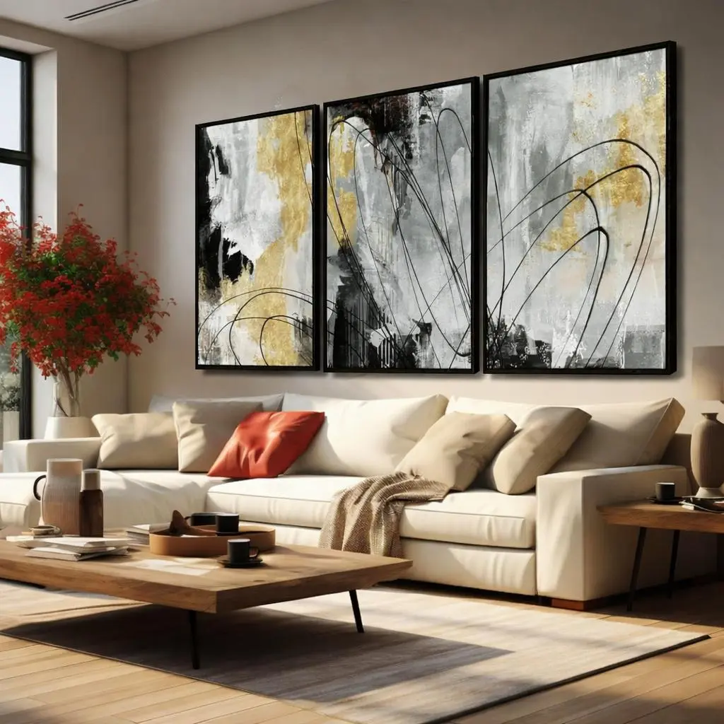 Gold Wall Art Abstract Wall Art Living Room Decor Black and White Canvas Picture Home Decor Wooden Frame Line Paintings Modern Artwork Office Decor 24"x 36"x 3 Pieces