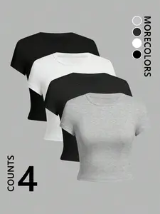 Y2K Plain Solid Round Neck Knit T-Shirt Set, Classic Simple Comfortable Aesthetic Fashion Casual Wear, Summer Fitted Style, 4 Pieces Pack, Tops