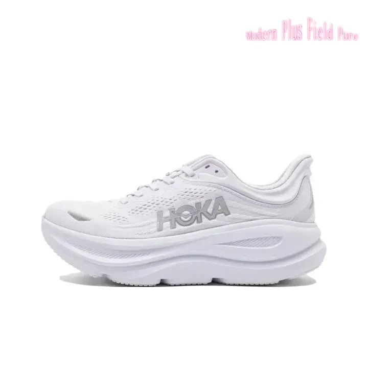 Pure White Breathable Knit Mesh Unisex Road Running Sneakers Matte Silver Tone Embossed Logo All White Thick Layered EVA Cushion Midsole Shock Absorbing Long Distance Training Athletic Shoes
