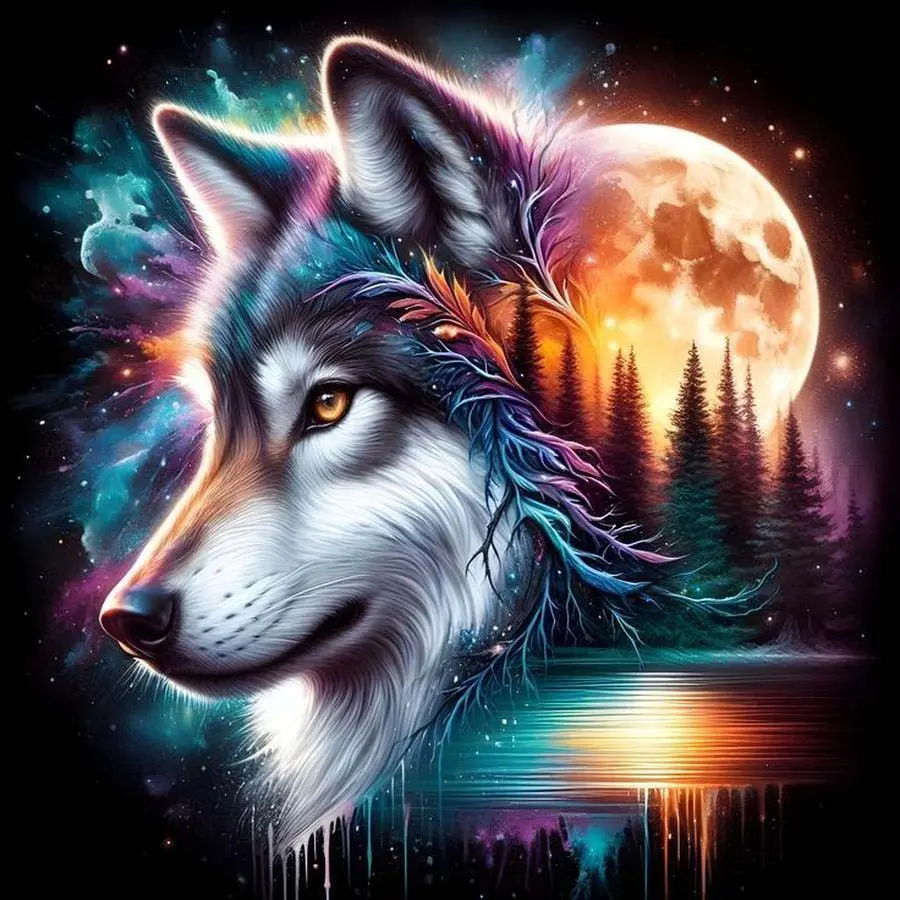 5D DIY Crafts Full Drill Round Diamond Painting - Diamond Art Painting Kit Wolf, Moon, Forest Mosaic, Galaxy, Canvas - DIY Decorative Painting, Home Wall Decor, Perfect for Halloween and Christmas, Birthdays, Anniversary Gifts, Handmade Gifts