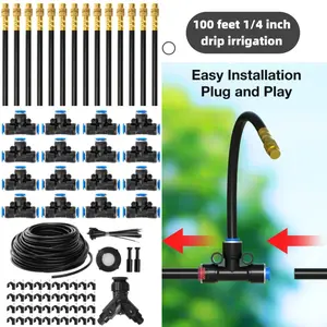 2026 upgraded garden irrigation kit, 100 feet 1/4 inch drip irrigation system, includes 16 adjustable copper nozzles, automatic mist watering head system, suitable for homes, outdoors, raised beds, lawns and greenhouses.