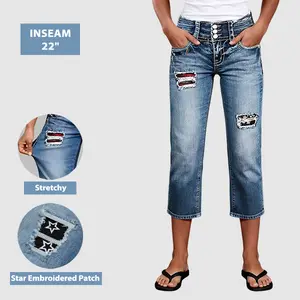 Flamingals Wash Star Embroidered Patched Ripped High Rise Straight Leg Capri Jeans Stretchy 22.0 Inseam