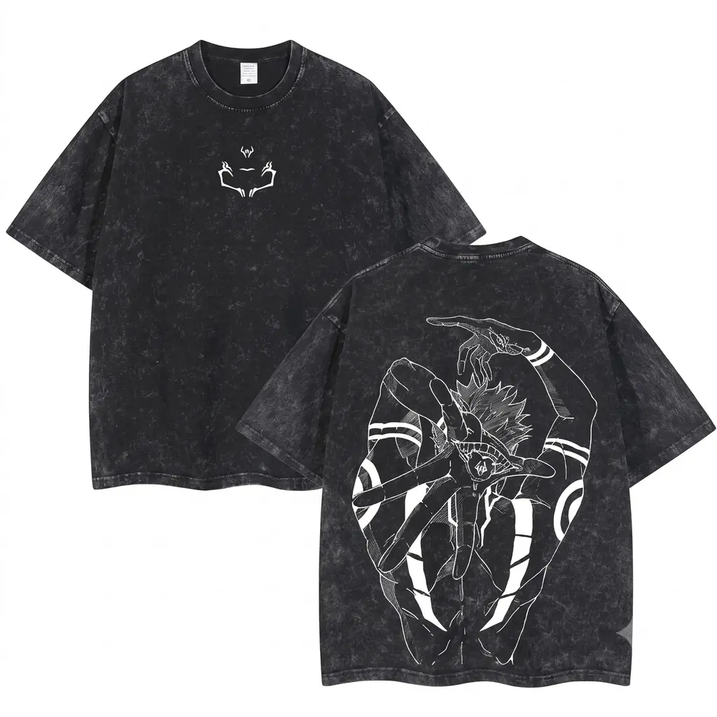 Men's Oversized Classic Retro Limited Ryomen Sukuna Signature Jujutsu Kaisen Double-Printed Round Neck Streetwear T-Shirt - Washed Ribbed Seamless Shortsleeve Soft Cotton Menswear Garment, Premium Fabric Fashion Aesthetic for Anime Fans,  Tshi