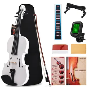MeloCrest Prism Series 4/4 Solid Wood Violin – Colorful Finish, Ebony Fittings, Student Full-Size Violin Starter Kit with Tuner, Shoulder Rest & Extra Strings (White)
