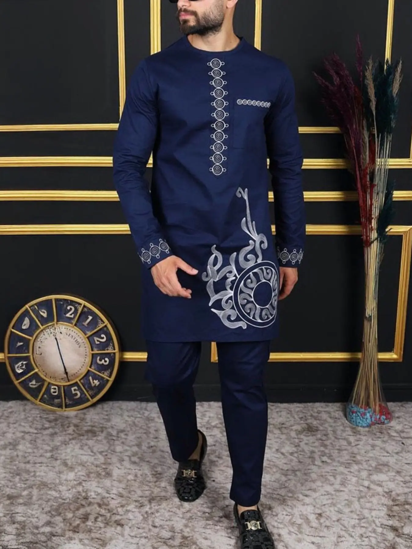 Traditional Muslim Islamic Modest Modesty Set Kurta African Style Men's Wedding Formal New Suit 2-Piece Round Neck Long Sleeve Top and Pants Clothing