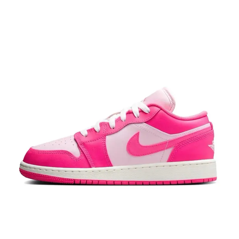 NIKE Women's Shoes, Air Jordan 1 Low "Valentine's Day" Trendy Sneakers Fashion Footwear in Soft Pink Leather, Casual Trendy Sneakers, Sporty Chic, Special Edition, Leather Upper Feels Luxe, Festive Look, Pink Foam/Hyper Pink/Sail