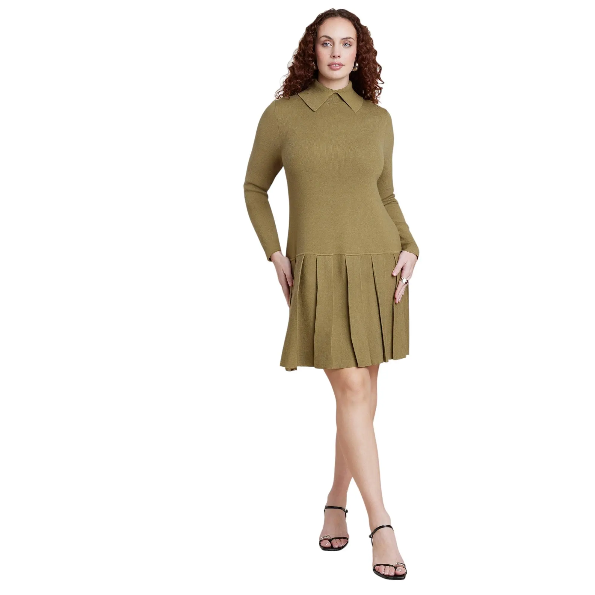ELOQUII Women's Plus Size Collared Pleated Sweater Mini Dress