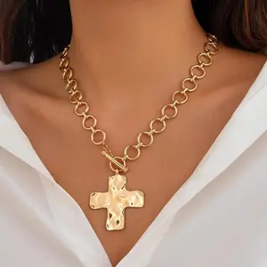 Loyalove&Tewiky Gold Chunky Cross Necklace for Women Statement Cross Pendant Necklace Layered Hammered Bold Cross Necklace Vintage Toggle Clasp Necklace Jewelry For Valentine's Day Gift