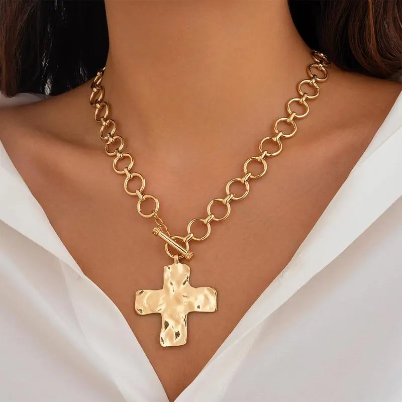 Loyalove 14K Gold Plated Chunky Cross Necklace for Women Statement Cross Pendant Necklace Layered Hammered Bold Cross Necklace Vintage Toggle Clasp Necklace Jewelry For Easter Gift