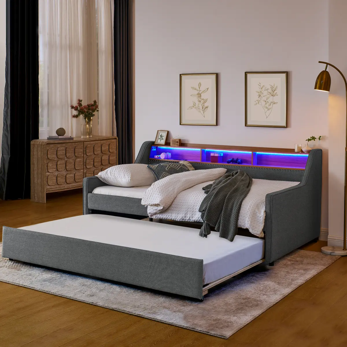 Grey Linen Padded Twin Size Convertible Sofa Bed Bedroom Furniture - 6 in Pull-Out Trundle, 3 Color RGB LED Lights, Storage Adjustable Headboard, Wireless Charging, Foldable Legs, 117 lbs Capacity Storage Solution