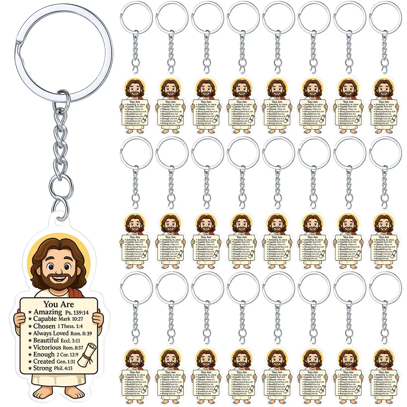 50/100Pcs Acrylic Jesus & Virgin Mary Keychain Accessories, 1.97"-Steel Chain, Durable Acrylic Handles, Daily-Use Christian Inspirational Bulk Gifts for Church Events, Baptism Party Favors