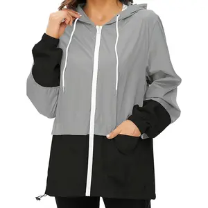 2025 Lightweight Water Resistant Plus Size Color Block Hooded Rain Jacket - Women's Drawstring Jacket HOT
