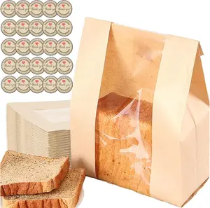 50 Pcs Large Paper Bread Bags for Homemade Bread, Kraft Paper Bakery Bags with Clear Window Includes Label Seal Stickers, Baked Loaf Gifting Bag Bonus Label Seal Stickers 13.7x8.3x3.6 inch (50)