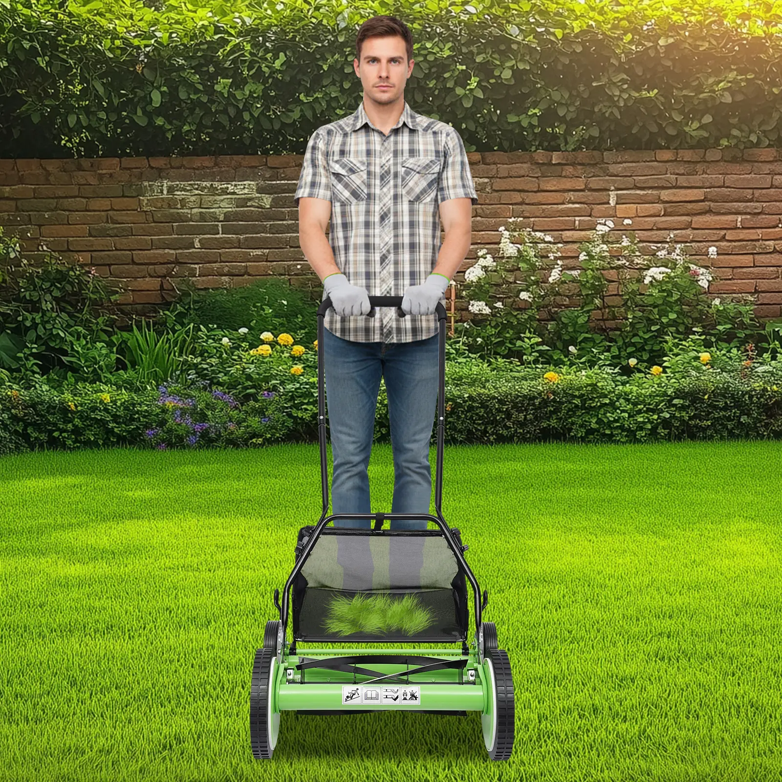 16 Inch Manual Reel Lawn Mower, 9 Position Adjustable Height 34-64mm, 5 Blade Push Mower for Yard Garden, 500㎡ Capacity, Green