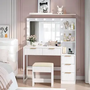 VINGLI Fluted Makeup Vanity Desk with Mirror & Lights & Power Outlet, Small Vanity Table w/ 5 Drawers & 2 Storage Shelves, Modern Dressing Table Set Charging Station for Bedroom