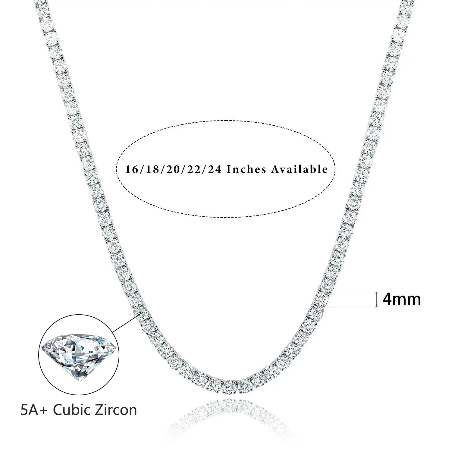Cubic Zirconia Gemsme 3-6MM Tennis Necklace, Gold-Plated Brass Chain, Hiphop Pendant Jewelry for Men Women