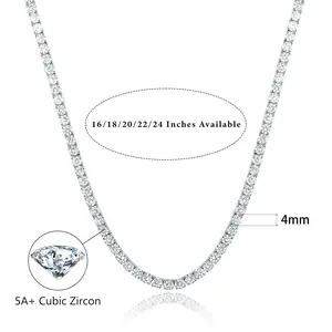 [5A+ Cubic Zirconia] 4MM CZ Brass Tennis Necklace Round Cubic Classic Hiphop Style Trendy Elegant For Women For Men