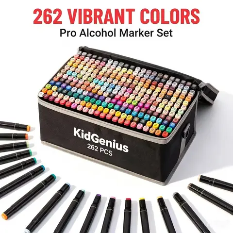 KIDGENIUS Colorful Alcohol Art Marker Pens Set - 262/168/120 Colors, Teacher-Recommended Dual-Tips, Smooth No-Smudge, Works on Wood,Ceramic,Canvas,Metal, Back to School Art Project Gift for Families, Birthdays,familyfun