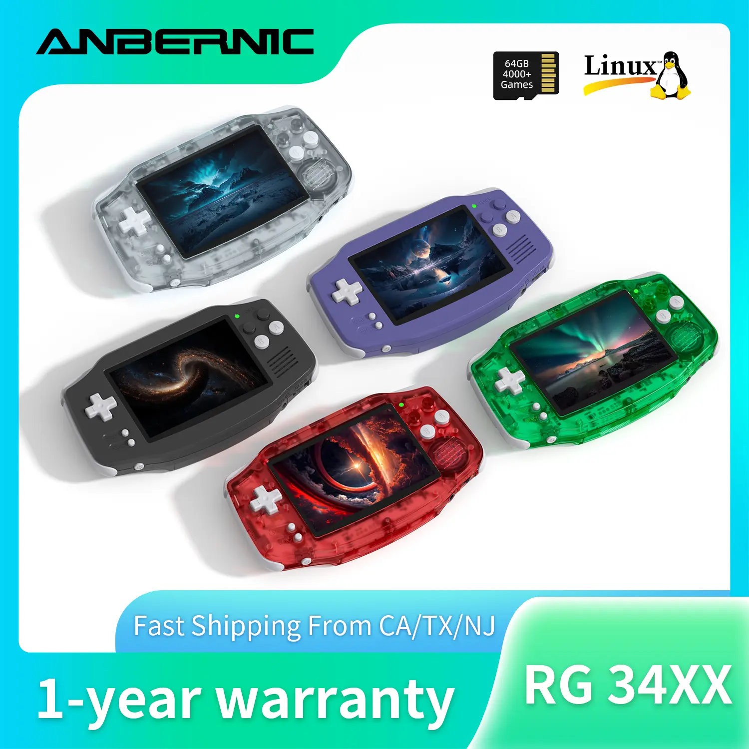 ANBERNIC RG34XX Retro Handheld Game Console 3.4" IPS Screen Linux 64-bit System Portable Video Gaming Console Support 5G WiFi Bluetooth,Streaming,HD TV Output Protection Rg34Xx-Indigo+64Gb