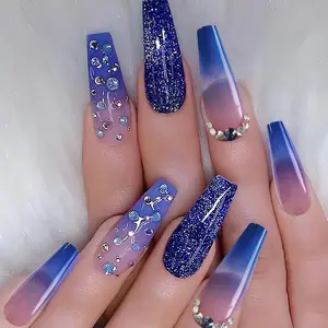 Rhinestone Decor Fantasy Galaxy Pattern Fake Nail Kit, 24pcs/set Long Coffin Press on Nails, Fashion Fake Nails Tips for Women & Girls DIY Nail Art, Elegant Glue on Nails for Daily & Party, Cosmetic Beauty Gifts