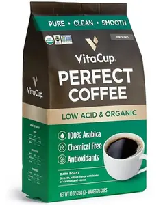 VitaCup Perfect Low Acid Coffee Ground, USDA Organic & Fair Trade, Mycotoxin Free, Dark Roast Guatemala Single Origin, Clean & Pure for Drip Coffee Brewers and French Press, 10 ounces