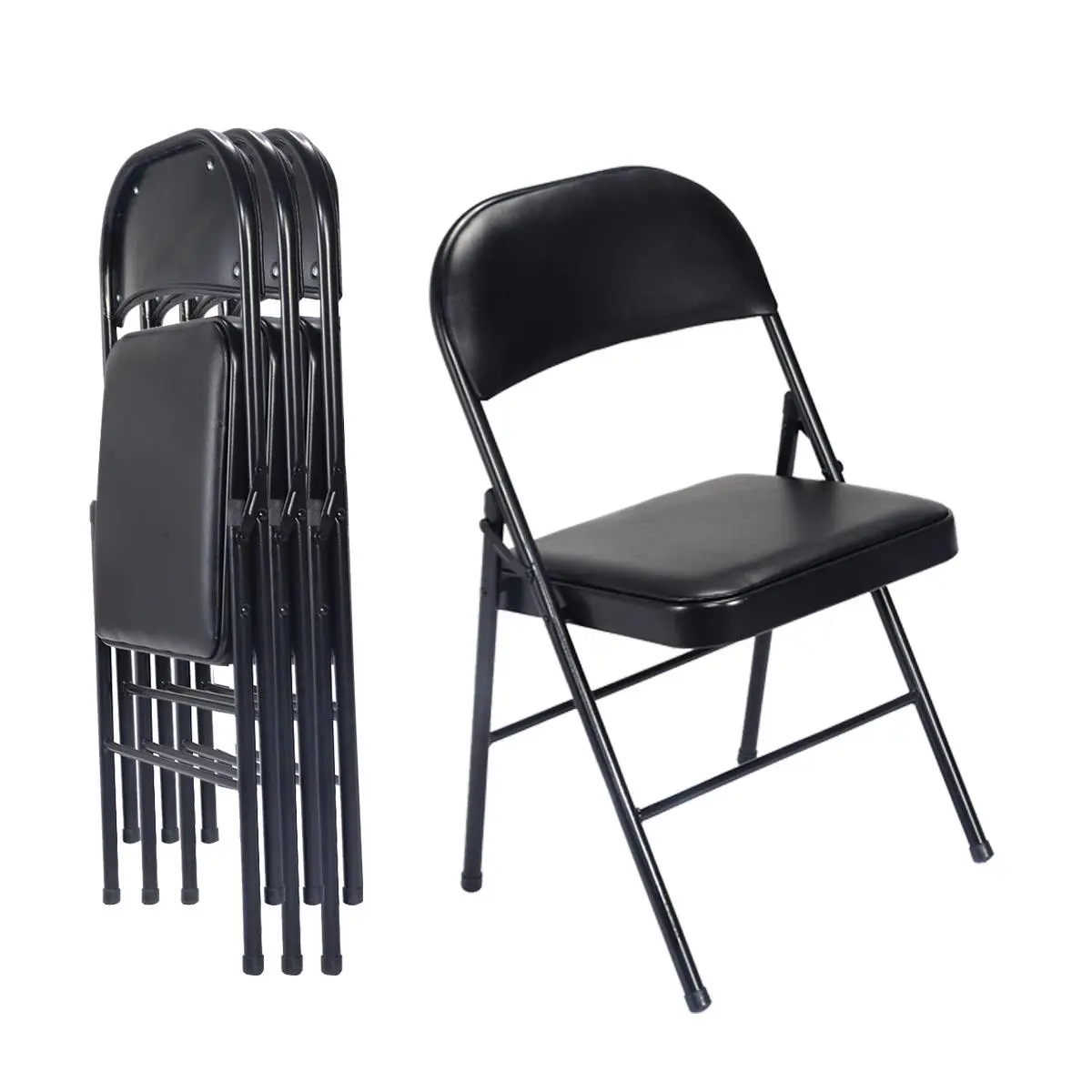 KARL HOME 4-Pack Black Lightweight Foldable Chairs - Sturdy Metal Frame, Leather Upholstered Padded Seats, Portable Stackable Modern Minimalist Chairs for Events, Office (330lbs Capacity), Leather Upholstered Chair, Sturdy Metal Chairs