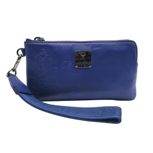 Pre-owned MCM Leather Small Leather Goods Women's Estate Blue Lion Camo Zipped Wrist Pouch Wallet
