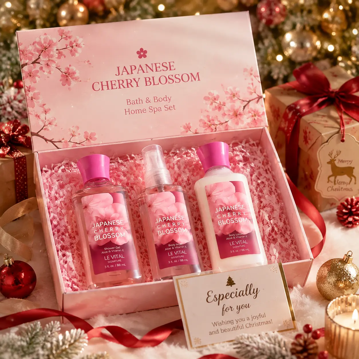 Vital Luxury Waterproof Japanese Cherry Blossom Bath & Body 3-Piece Travel Gift Set - 3oz Shower Gel, Lotion, Mist（Waterproof） - All-Day Freshness for Mom, Girlfriend -  Mother’s Day Gifting.Must-Have for Travel, Gym