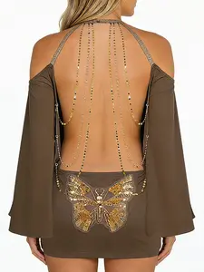 Women's Plain off Shoulder Backless Flare Sleeve Waist Cinched Loose Bodycon Dress, Vintage Sexy Fashion for Daily Casual Party, Chic Elegant Fit