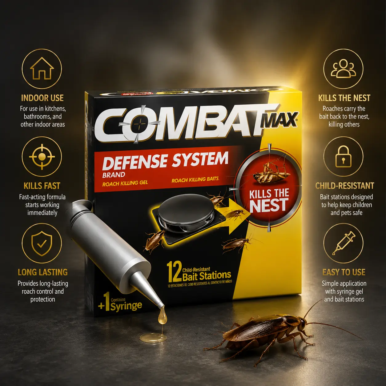 Combat Max Defense System Small Roach Killing Bait & Gel Kit - 12 Bait Stations, 0.42 oz Fipronil Syringe, Fast-Acting, Odor-Free, Mess-Free Indoor Pest Control, German Cockroach Insecticide (No Vapor or Fumes), 12 Stations