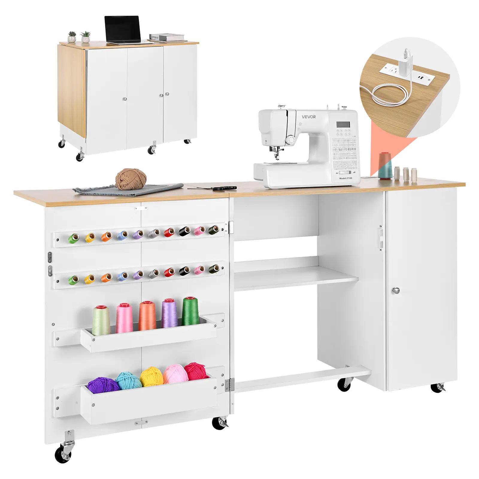 VEVOR Folding Sewing Table, Multipurpose Sewing Machine Table with Cabinet, Charging Station, Compact Design, Wheels, Wooden Pegs, Storage Trays and Shelf, Craft Station and Side Desk for Home