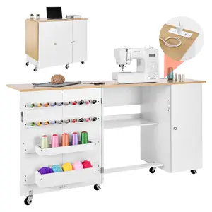 VEVOR Folding Sewing Table, Multipurpose Sewing Machine Table with Cabinet, Charging Station, Compact Design, Wheels, Wooden Pegs, Storage Trays and Shelf, Craft Station and Side Desk for Home
