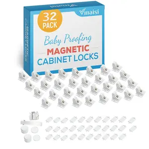 Vmaisi Adhesive Magnetic Cabinet Locks (32 Locks and 4 Keys)