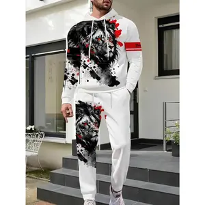 Men’s Casual Two-Piece Set, Lion Ink Print Hoodie and Sweatpants, Spring and Autumn Fashion Outfit