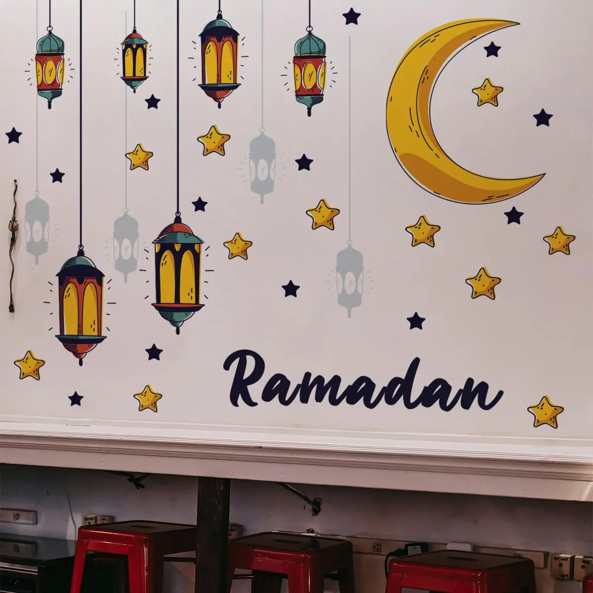 Ramadan Festival Themed Wall Sticker, 2 Counts/set Star & Moon Pattern Wall Decal, Decorative Sticker for Home Living Room Bedroom, Ornaments