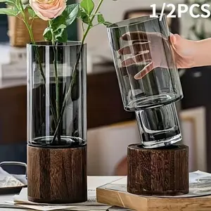 Luxury Glass Vase with Wooden Base, Large Transparent Flower Vase for Home Decor, Wide Mouth Design for Fresh Flowers, Ideal for Water Cultivation, Decorative Vase
