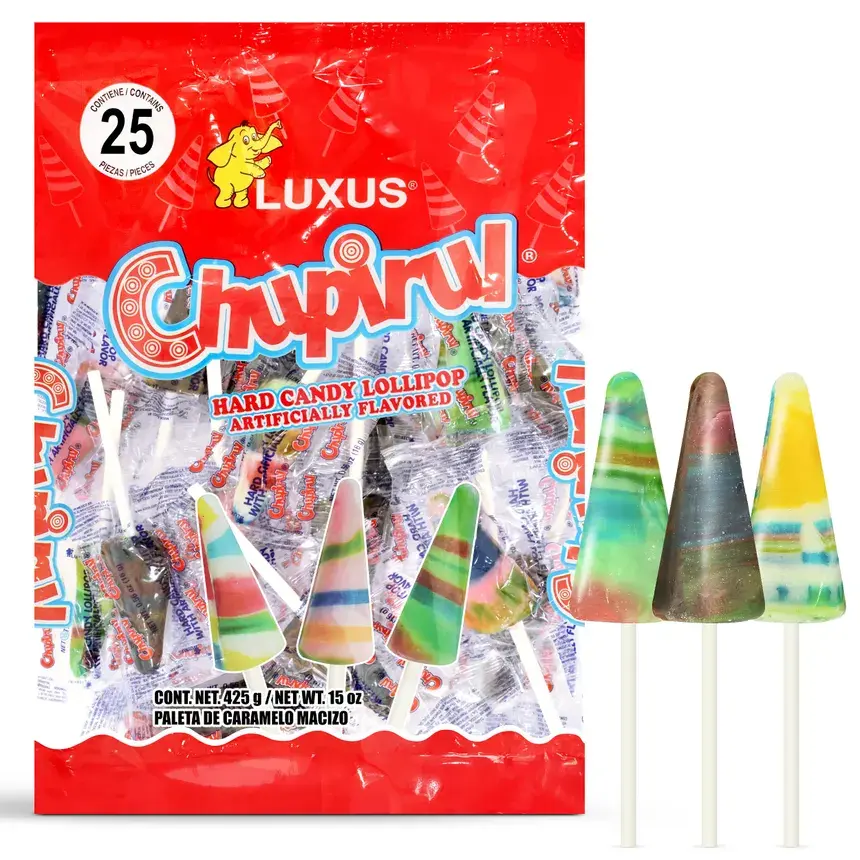 Luxus Chupirul (25 Pieces) – Colorful Cone Shaped Hard Candy Lollipops - Mexican Candy Dulces Mexicanos Paleta