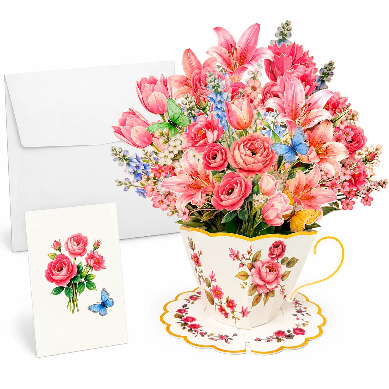 3D Pop-Up Floral Butterfly Paper Teacup Greeting Card with Envelope - Office Stationery Note Card for Thank You, Birthday, Friendship - 3D Popup Invitation Envelopes