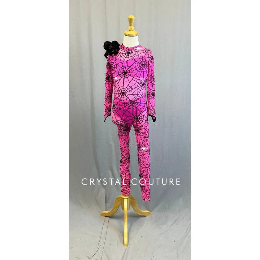 Custom Hot Pink Spider Web Inspired Unitard - Rhinestones