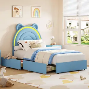 Garvee Twin Size Upholstered Platform Bed Frame with 2 Drawers, LED Light, and Adorable Bear Headboard, Low to the Ground, Easy Assembly, Blue