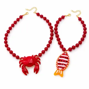 Ocean-Inspired Red Beaded Necklace for Women, Crab & Fish Pendant Necklace, Adjustable Summer Beach Vacation Statement Jewelry Gift