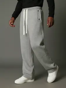 Side-button wide-leg sweatpants, elastic drawstring waistband, minimalist high-street straight cut, suitable for all body types
